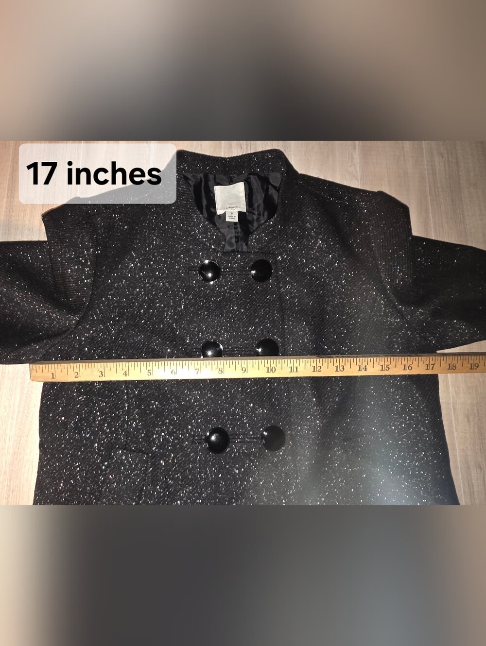 Halogen Black Sparkle Double-Breasted 3/4 Sleeve Pea Coat - Picture 5 of 8